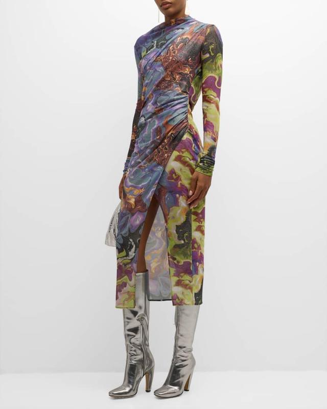 Metallic Printed Mesh Draped Long-Sleeve Midi Dress Product Image