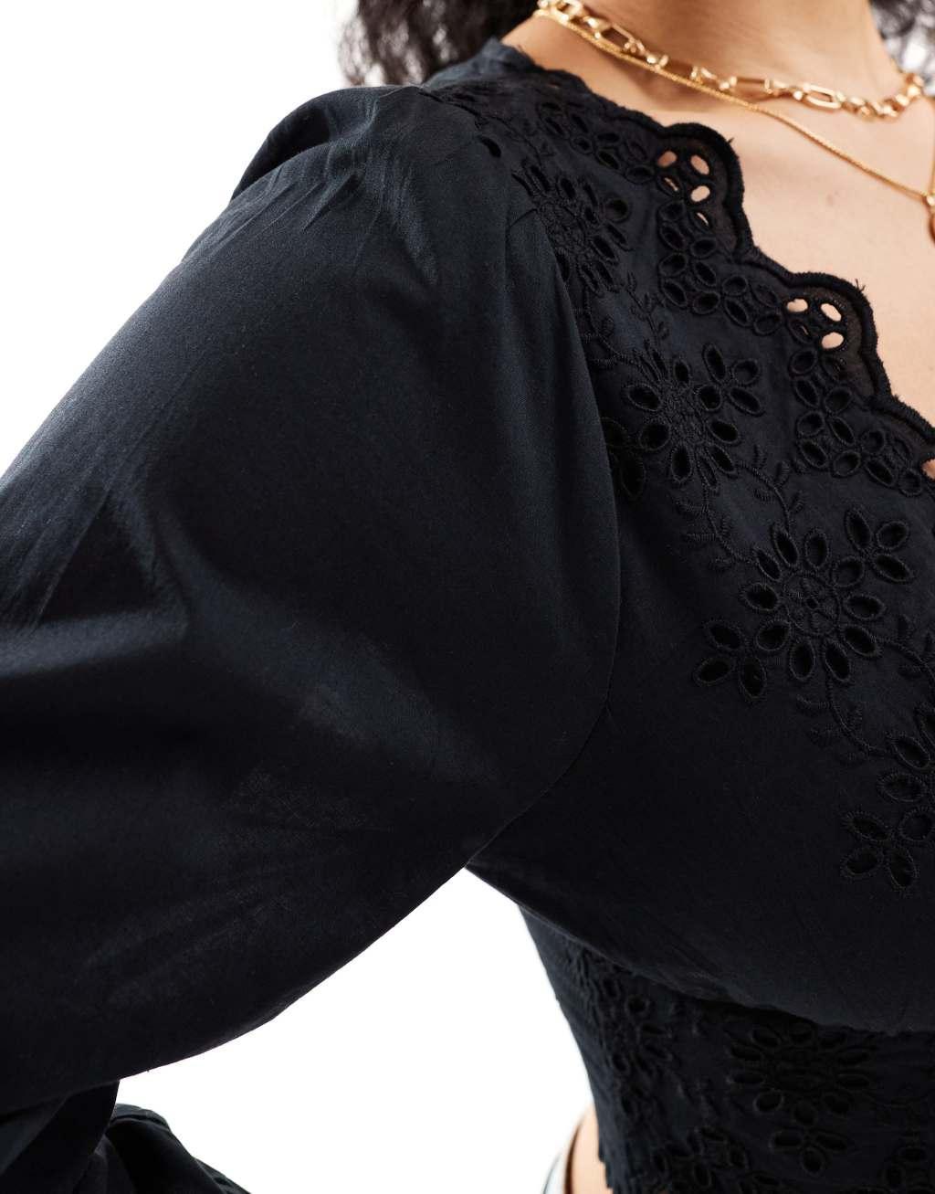 Only eyelet detail cropped blouse in black  Product Image