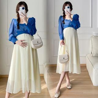 Maternity Mock Two-Piece Puff-Sleeve Two-Tone Midi A-Line Dress Product Image