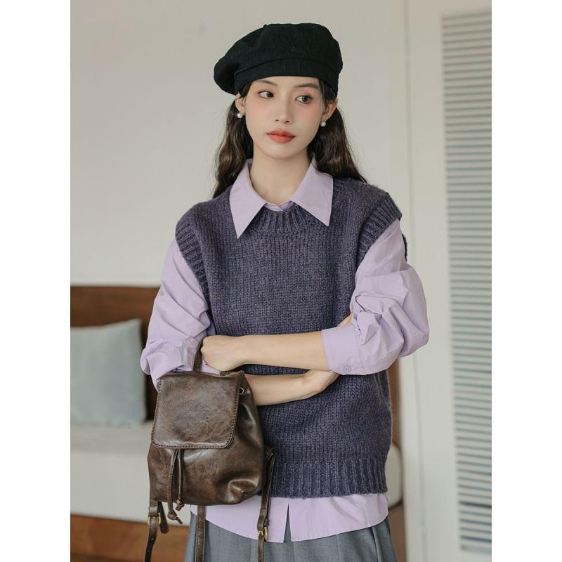 Crew Neck Plain Sweater Vest / Long-Sleeve Button-Up Shirt Product Image