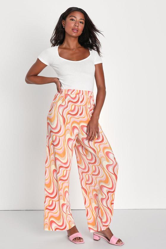 Gettin' Groovy Orange Multi Print Plisse Wide-Leg Pants Product Image