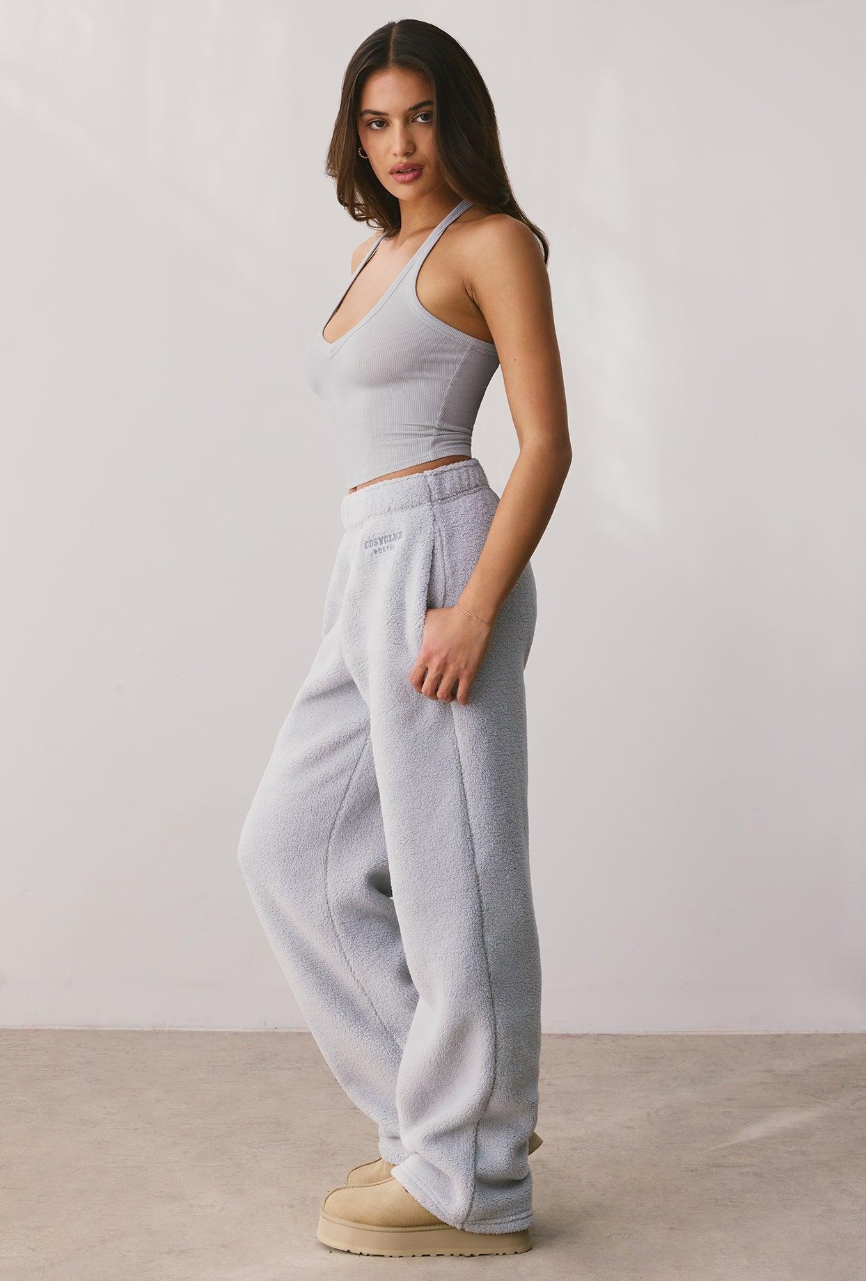 Petite Fleece Wide Leg Joggers in Fog Product Image