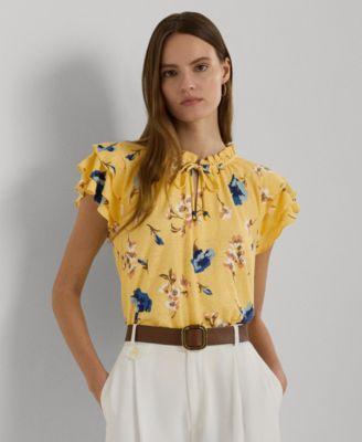 Lauren Ralph Lauren Womens Tie-Neck Flutter-Sleeve Top Product Image