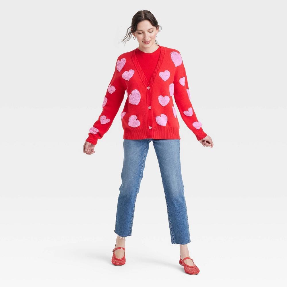 Women's Valentine's Day Pink Hearts Graphic Cardigan - Red S Product Image