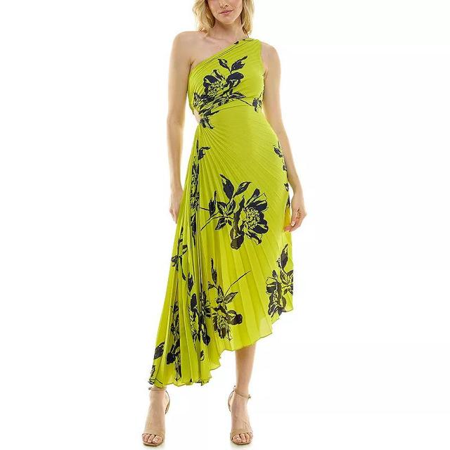 Womens Nicole Miller Keyhole Pleat One-Shoulder Asymmetric Hem Midi Dress Green Navy Floral Product Image