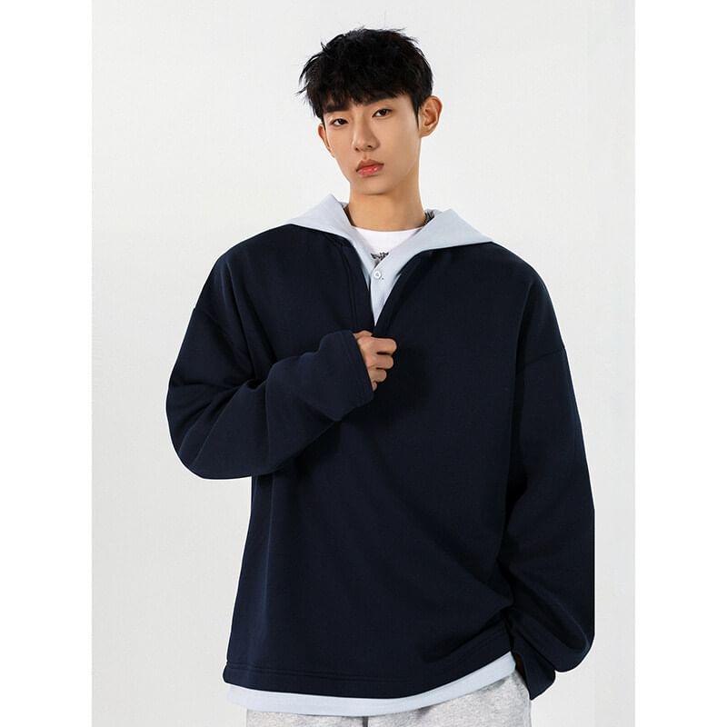 Mock Two-Piece Long-Sleeve Two-Tone Hoodie Product Image