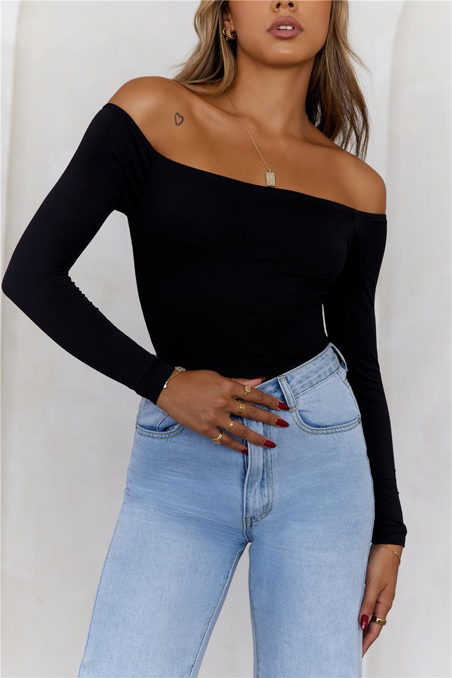 HELLO MOLLY BASE Flawless Off Shoulder Long Sleeve Top Black Product Image