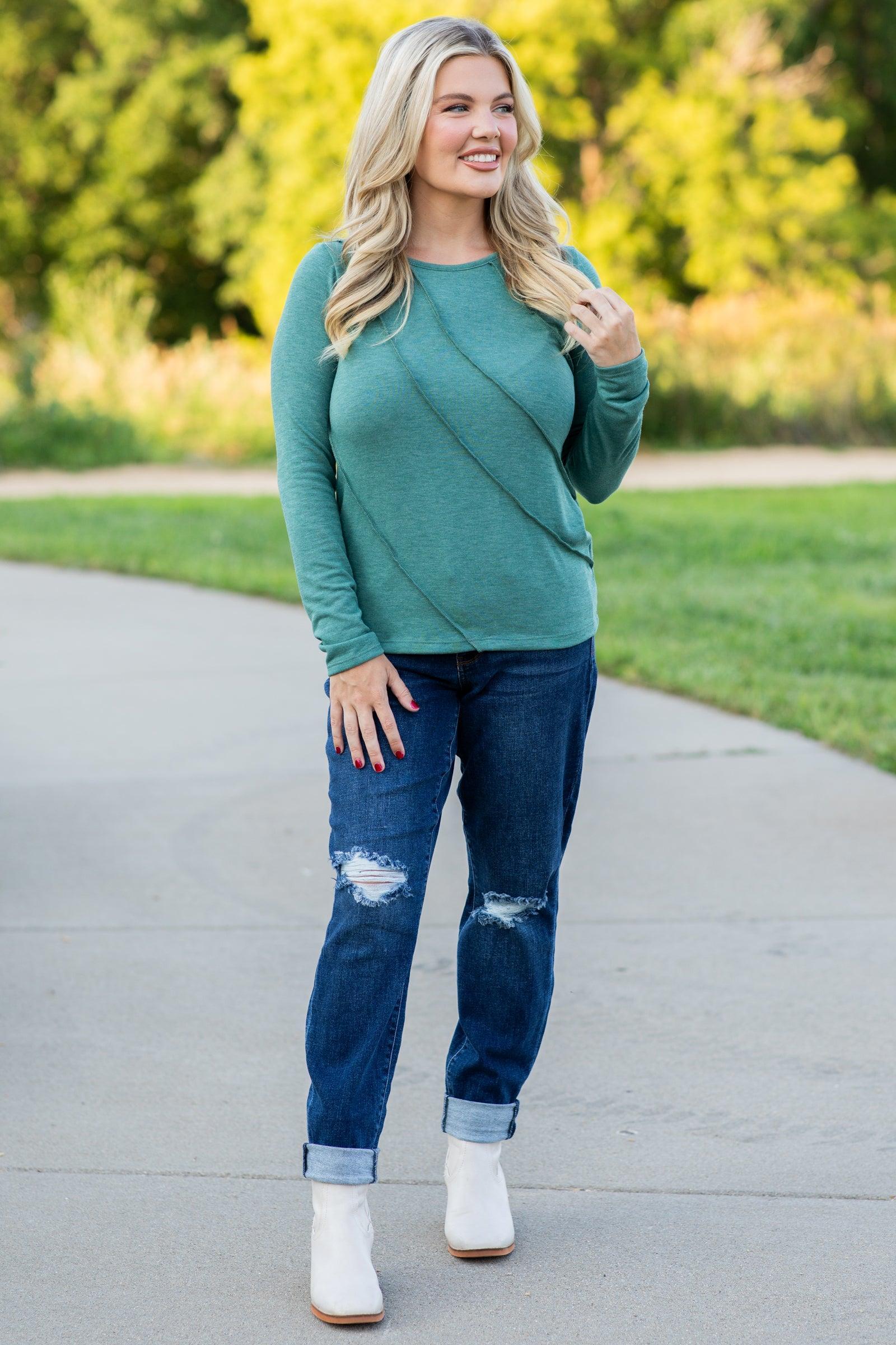 Emerald Reverse Seam Long Sleeve Knit Top Product Image