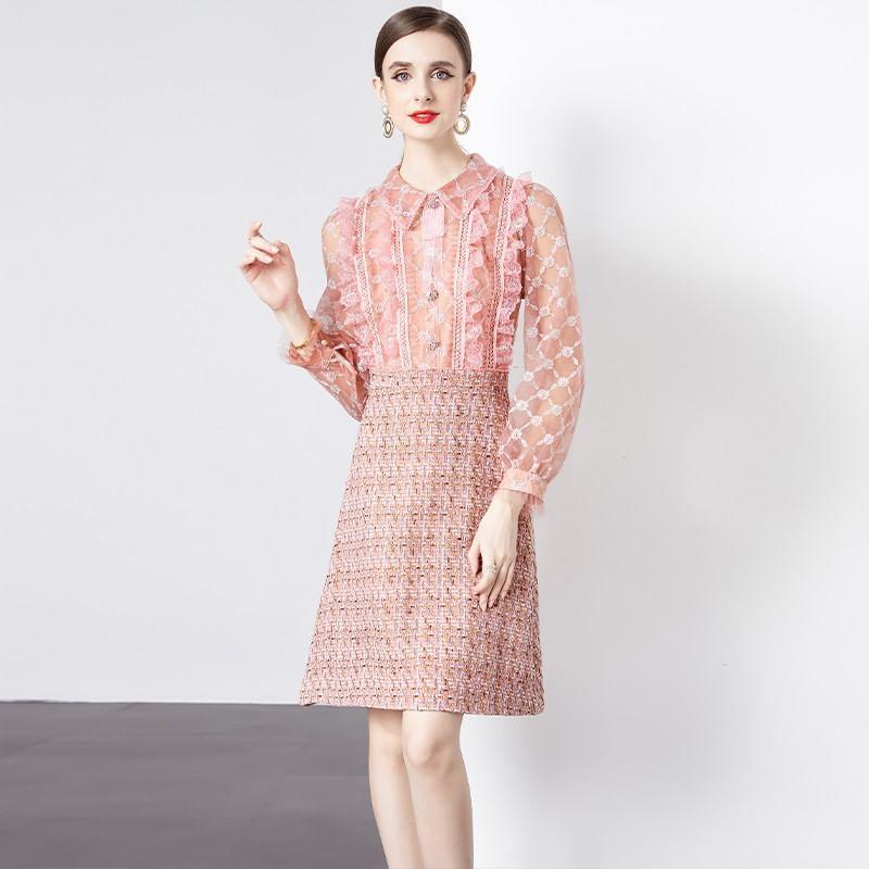 Long-Sleeve Houndstooth A-Line Dress Product Image