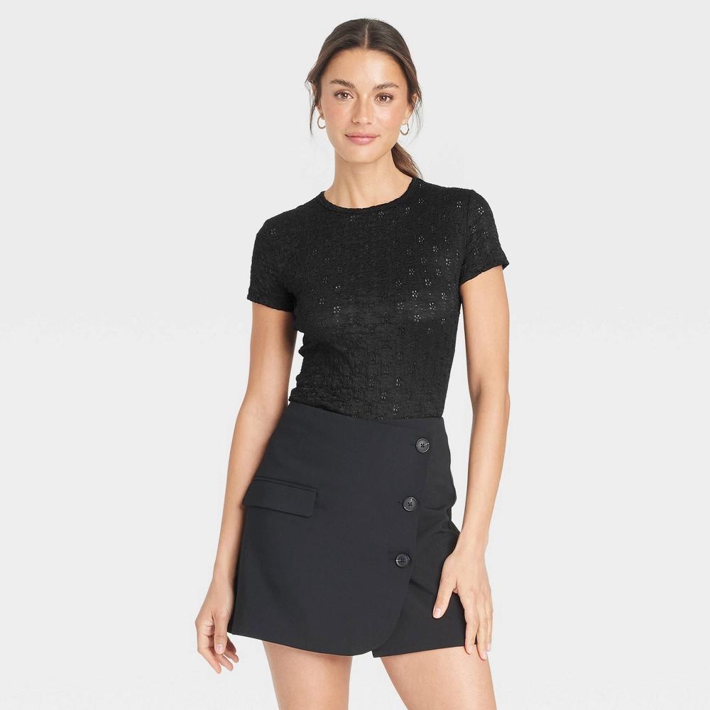 Womens Slim Fit Short Sleeve Lace T-Shirt - A New Day Black XS product image