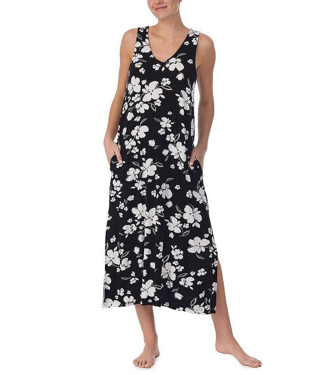 Donna Karan Sleeveless V-Neck Floral Jersey Knit Lounge Dress Product Image