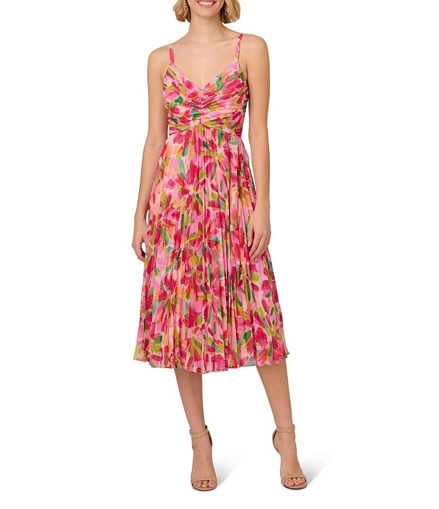 Adrianna Papell Floral Chiffon V-Neck Sleeveless Pleated Midi Dress Product Image