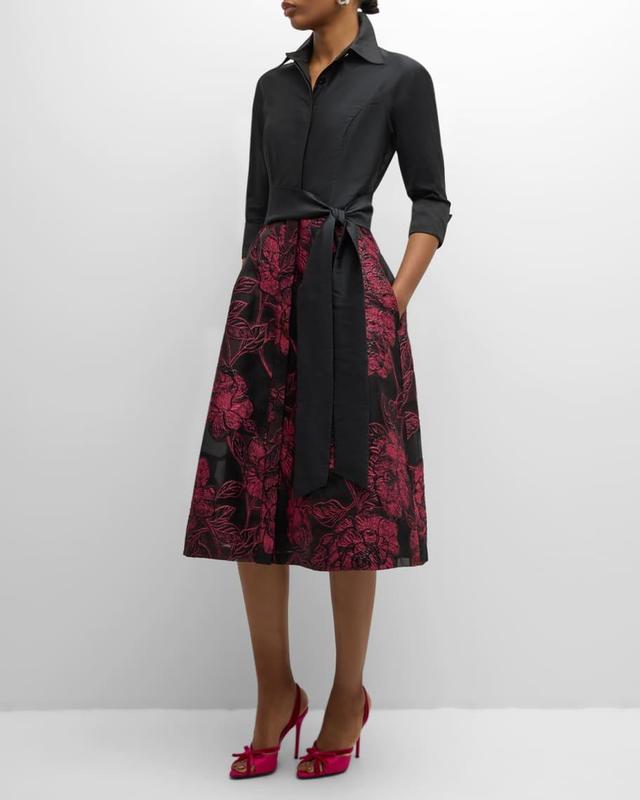 Tie-Waist Floral Jacquard Midi Shirtdress Product Image