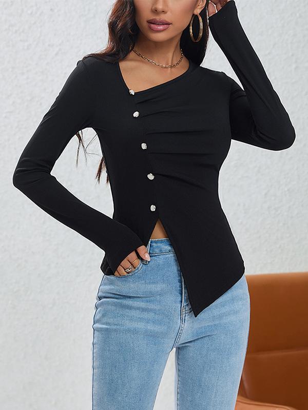 Long Sleeves Skinny Asymmetric Buttoned Pleated Asymmetric Collar T-Shirts Tops product image