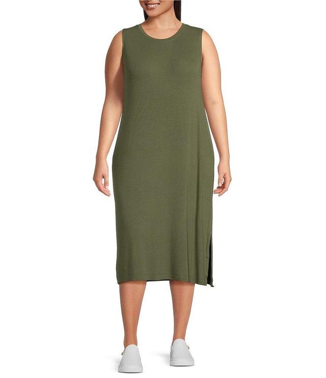 Kinesis Plus Size Sleeveless Crew Neck Rib Side Slit Sheath Midi Dress Product Image