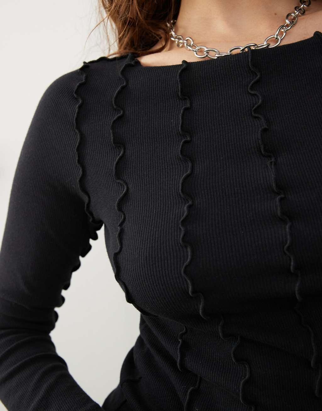 Monki overlock seam detail ribbed jersey top in black Product Image