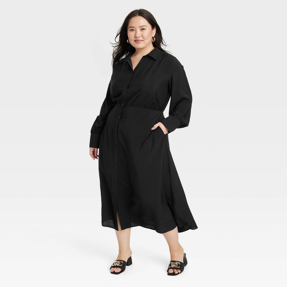 Womens Long Sleeve Collared Midi Crepe Shirtdress - A New Day Black XXL Product Image