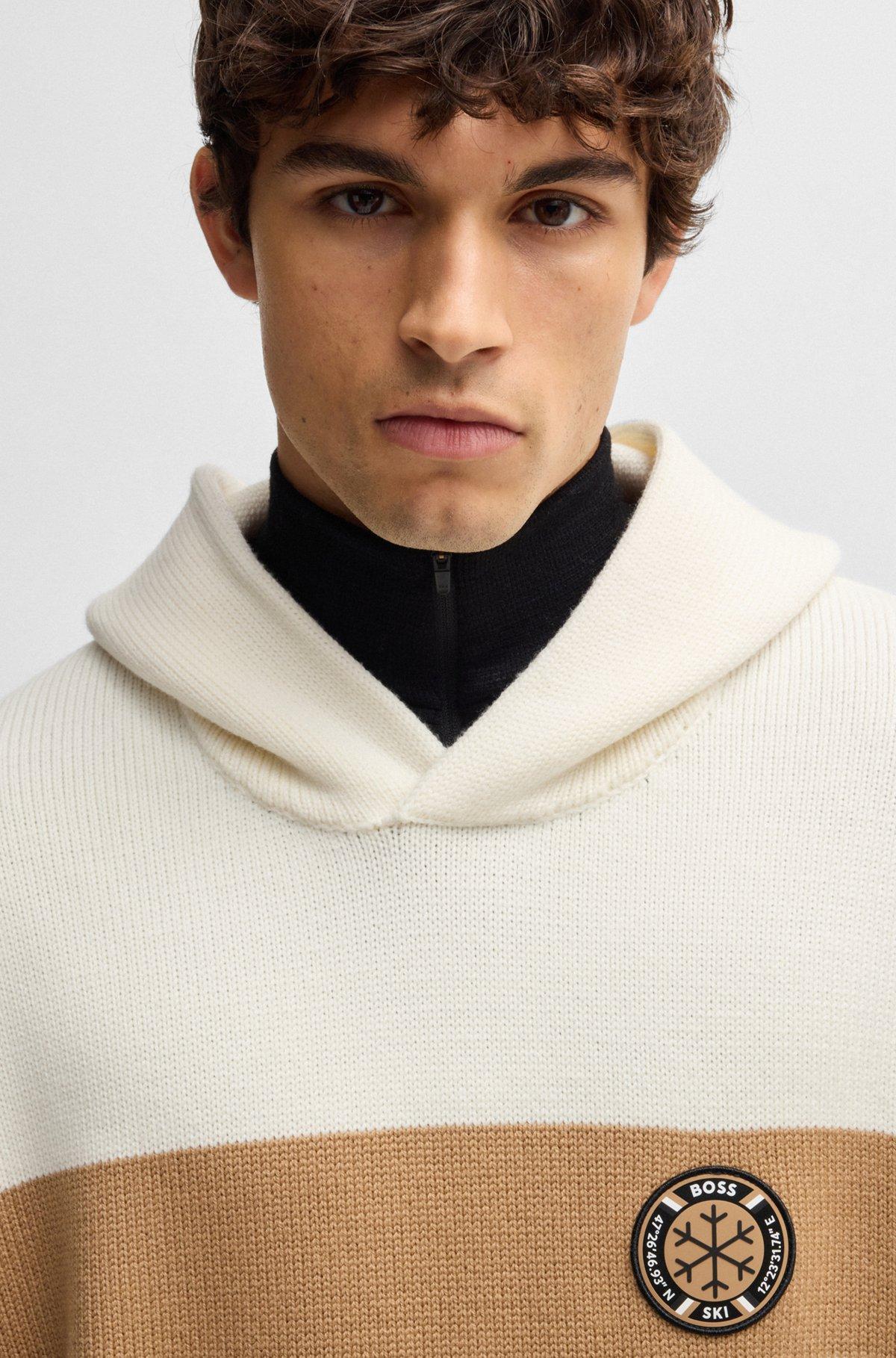 BOSS - BOSS Ski virgin-wool hoodie with camel stripes - White Product Image