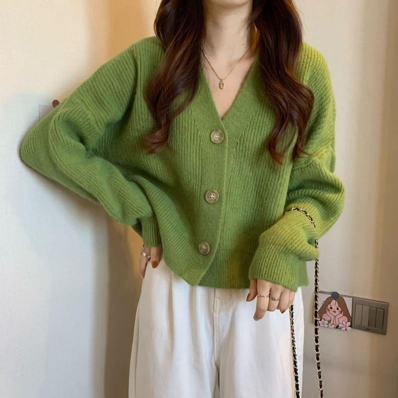 V-Neck Plain Ribbed Cardigan Product Image