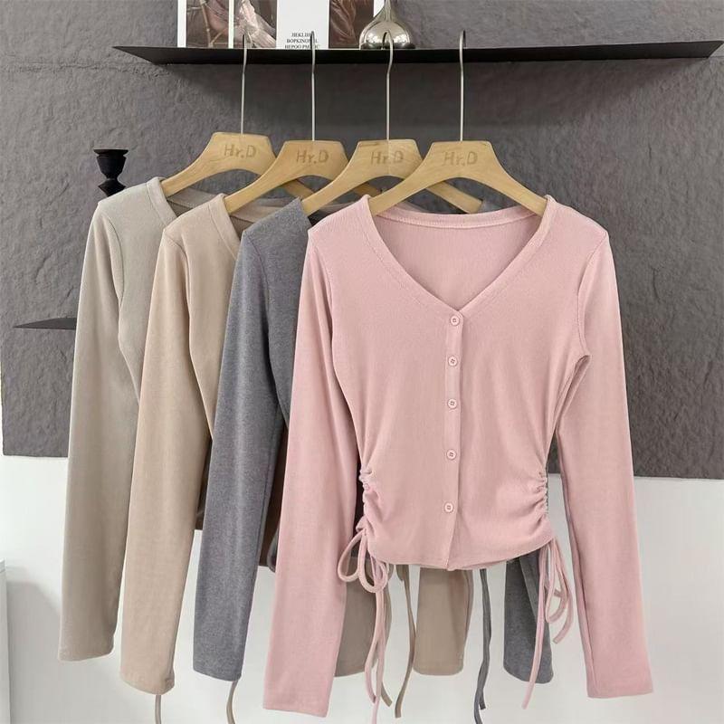 Long Sleeve V-Neck Plain Side-Drawstring Slim-Fit Button-Up Top Product Image