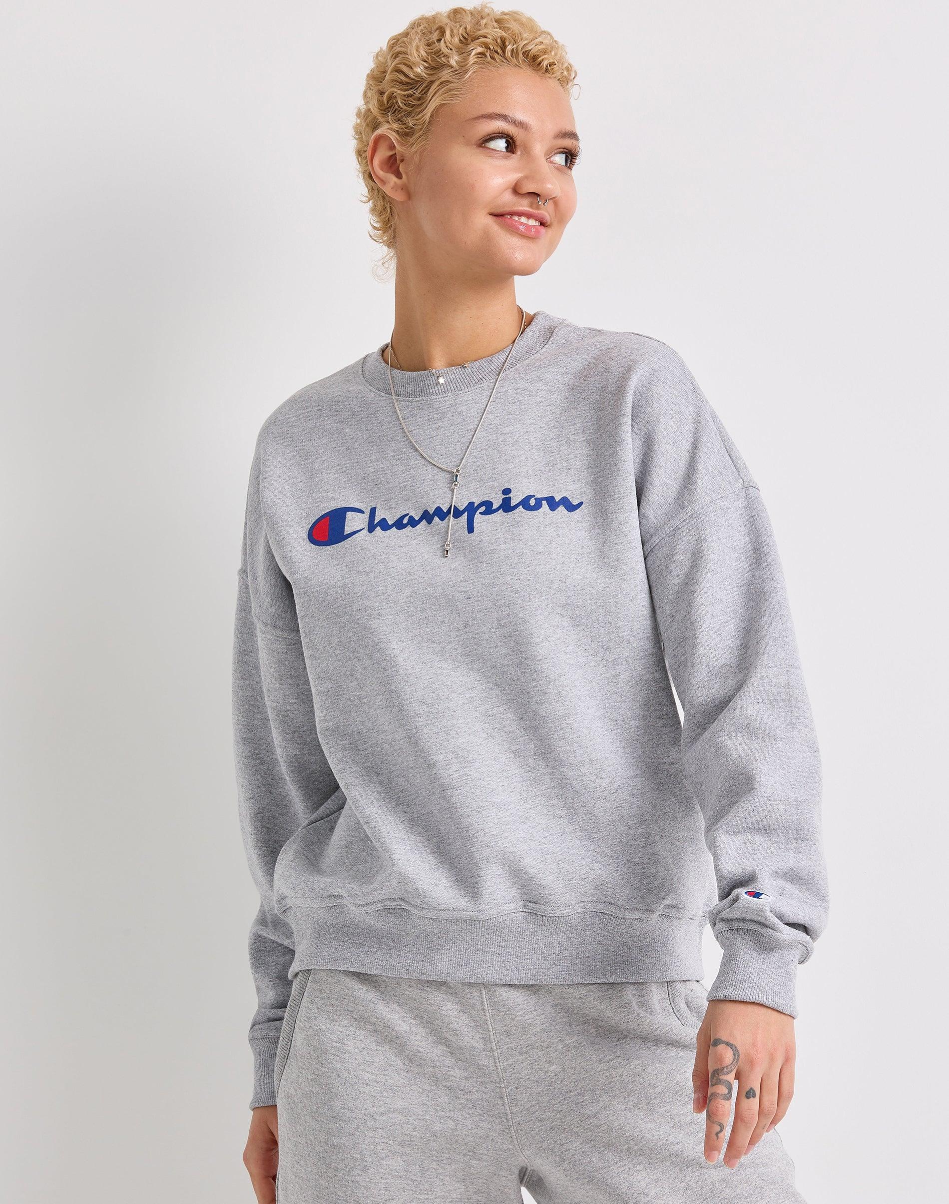 Womens Champion Powerblend Crewneck Sweatshirt, Script Logo Deep Dazzling Blue XS Product Image