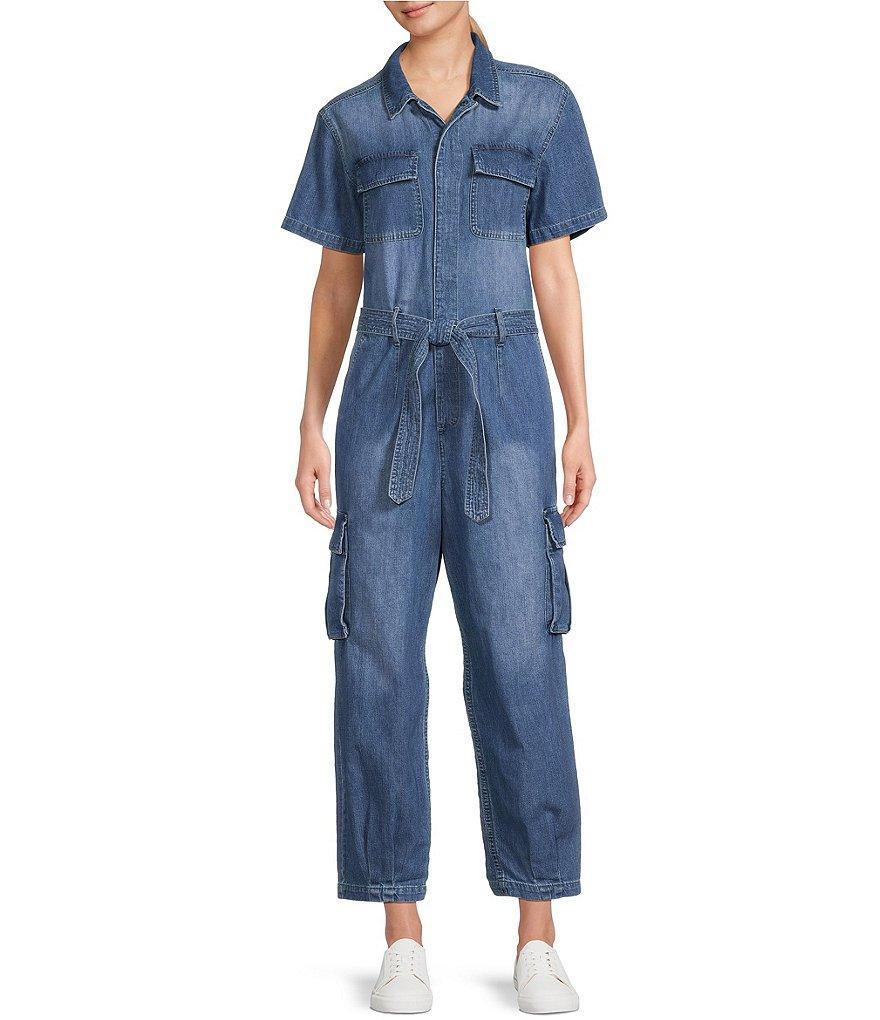 Lucky Brand Denim Collared Neckline Short Sleeve Cropped Cargo Jumpsuit Product Image