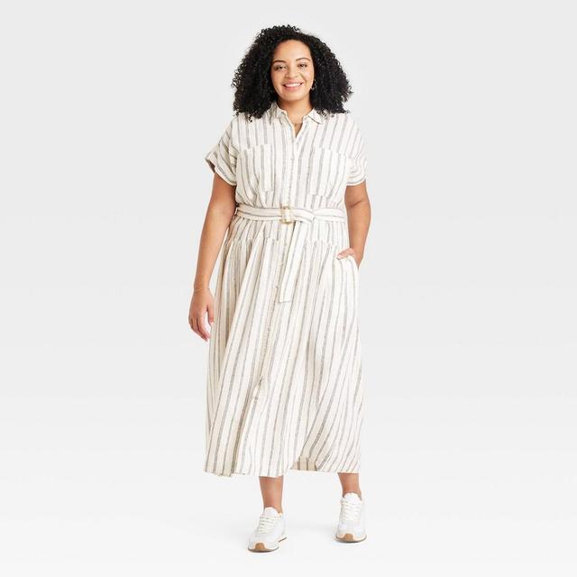 Womens Short Sleeve Belted Midi Shirtdress - Universal Thread White Striped 2X Product Image