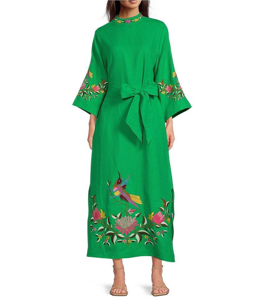 Fanm Mon Asia 3/4 Sleeves Mock Neck Floral Embroidery Linen Belted Side Slit Caftan Maxi Dress Product Image