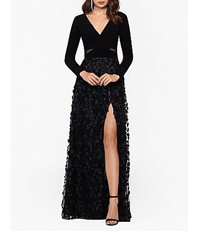 XSCAPE Long Sleeve Ity Top with Raised Flower Skirt Black) Women's Evening Product Image