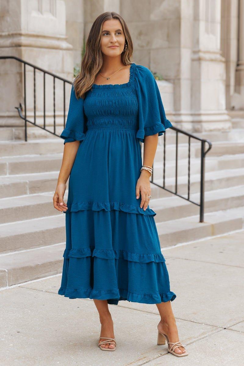 Blue Off The Shoulder Tiered Midi Dress - FINAL SALE Product Image