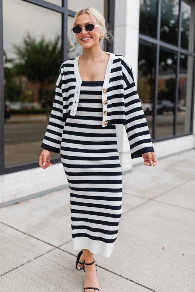 Feels Like Love Black and White Striped Dress and Cardigan Set Product Image