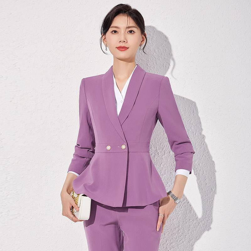 Shawl Lapel Plain Peplum Double Breasted Blazer / High Rise Flared Dress Pants / Set Product Image