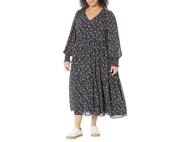 Madewell Plus Albertine Long Sleeve V-Neck Tiered Midi Dress - Crinkle Georgette (Night Vision) Women's Dress Product Image