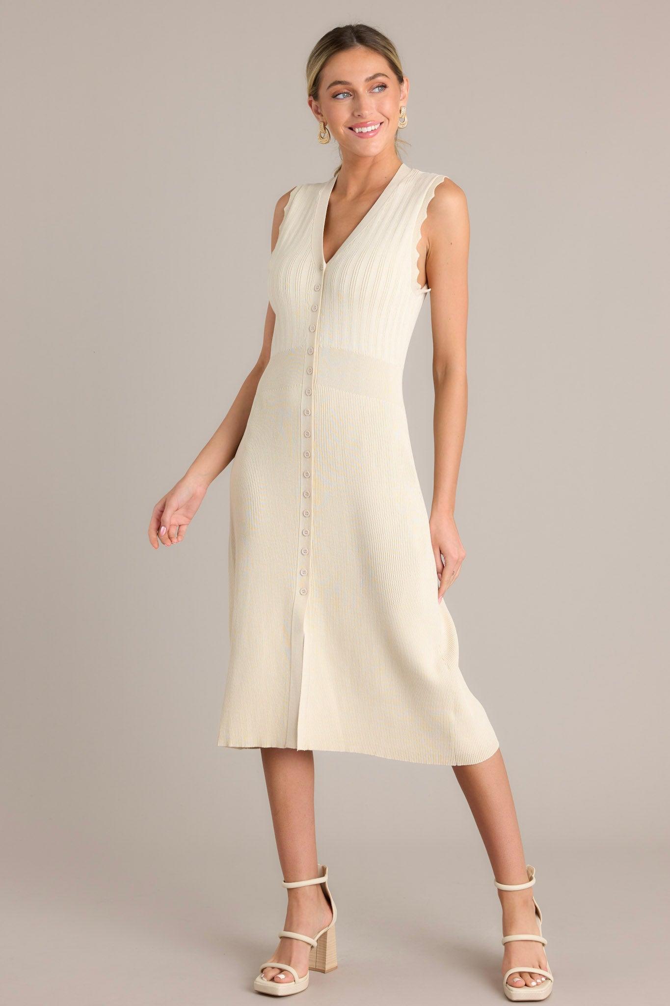 Moonlight Whisper Beige Button Front Midi Dress product image