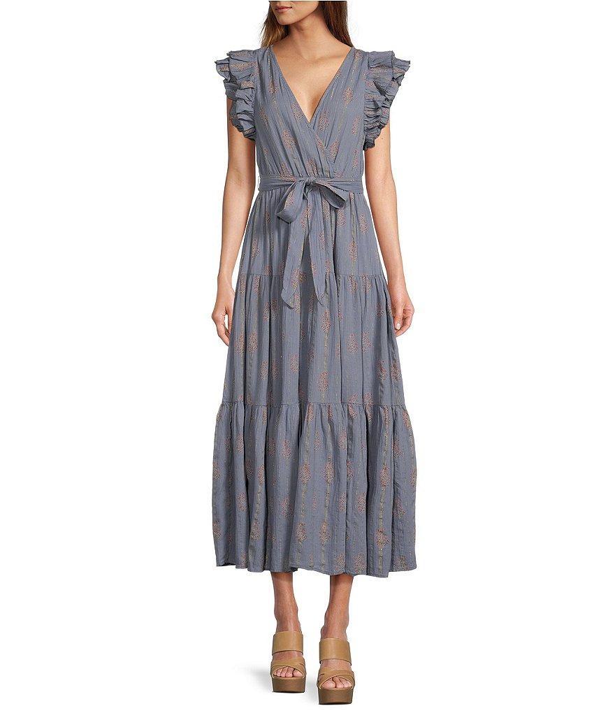 A Loves A Floral Metallic Striped Print Surplice V-Neck Short Ruffled Sleeve Tiered Maxi Dress Product Image