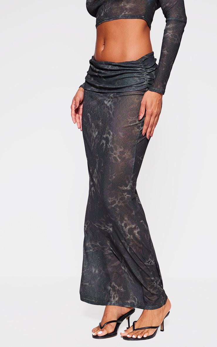 Leopard Printed Sheer Burnout Mesh Fold Over Hem Low Rise Maxi Skirt Product Image