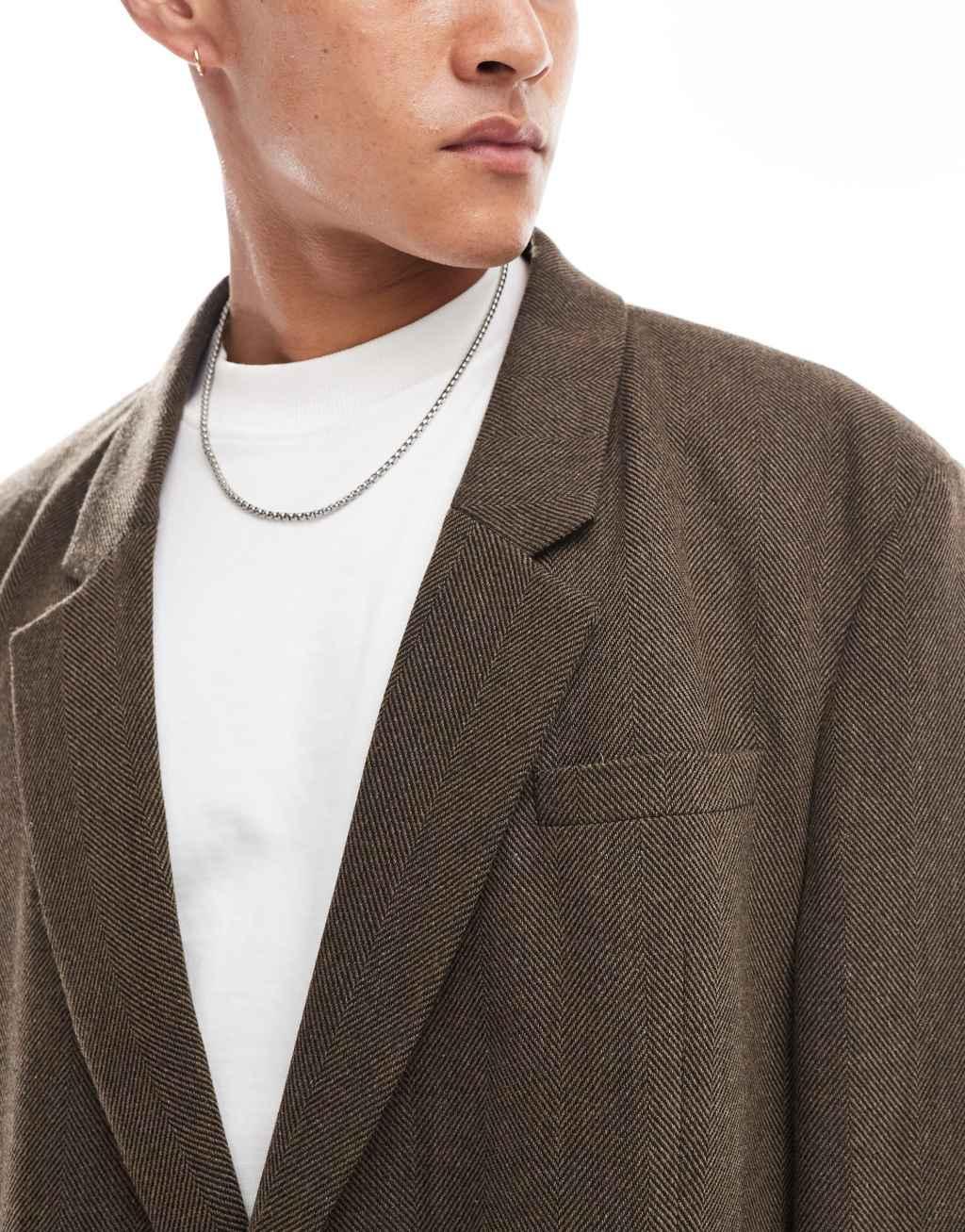 ASOS DESIGN oversize herringbone blazer in brown Product Image