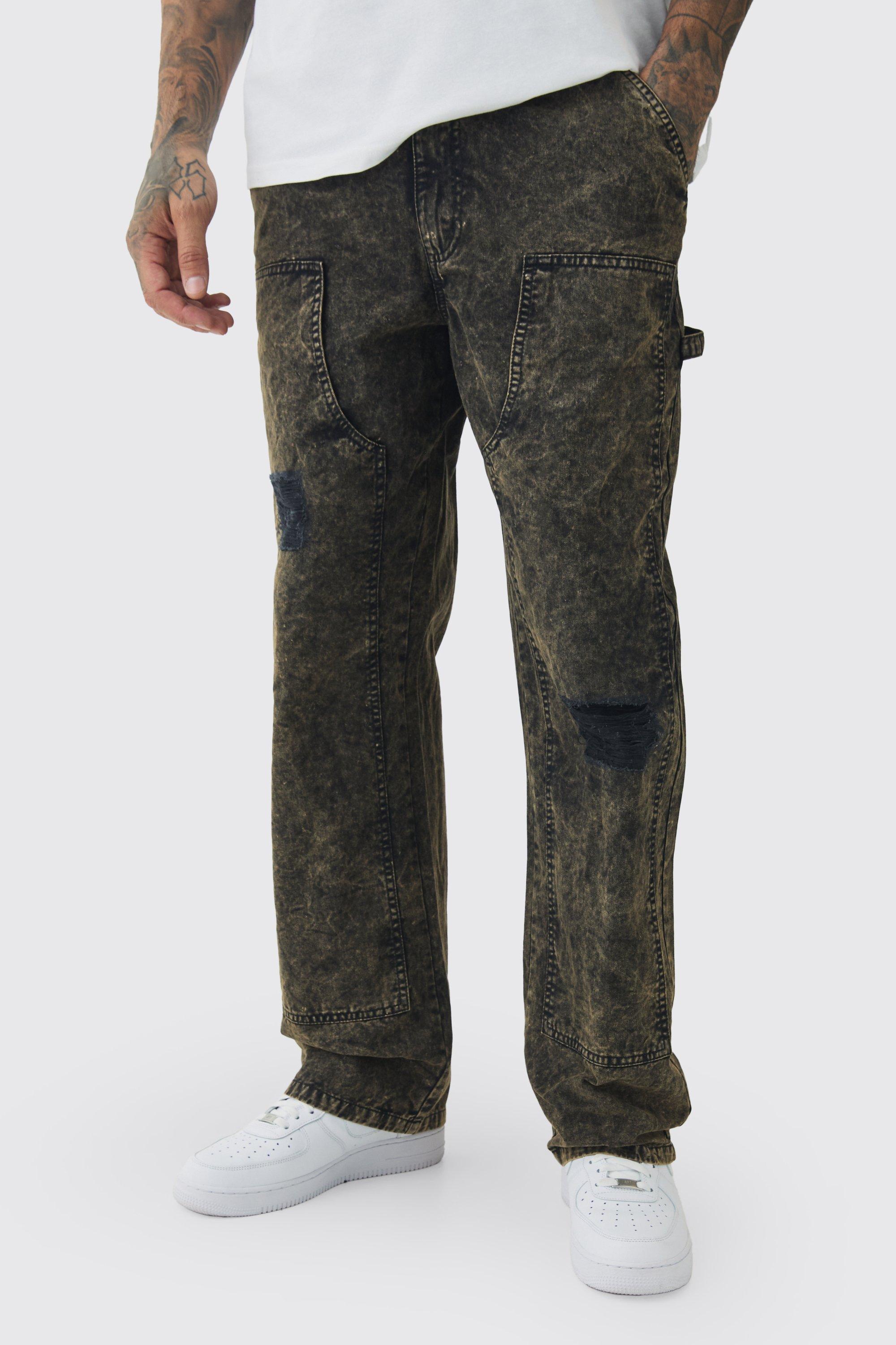 Mens Black Tall Acid Wash Carpenter Trousers With Knee Rips, Black Product Image