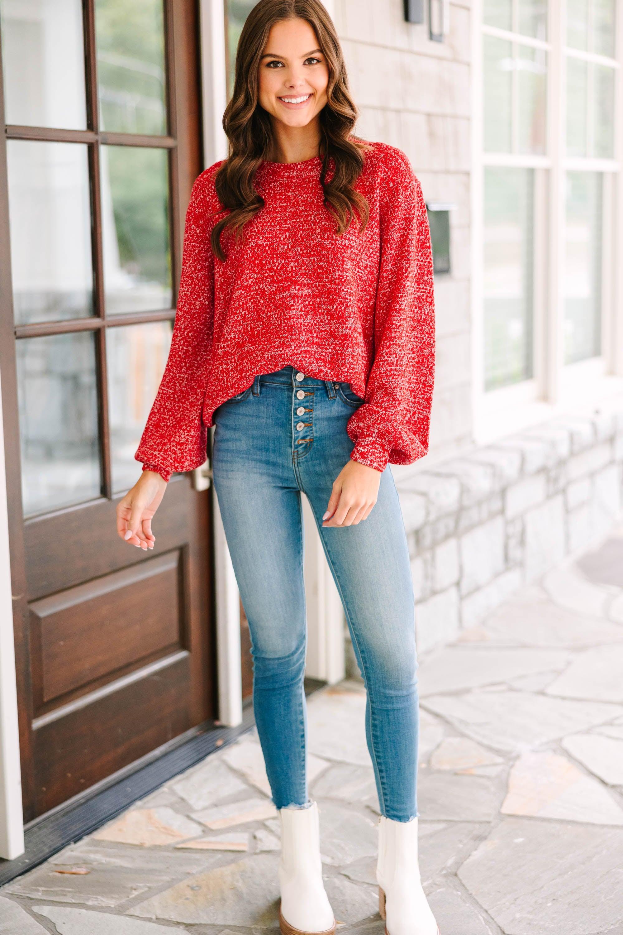 The Slouchy Red Bubble Sleeve Sweater Female Product Image