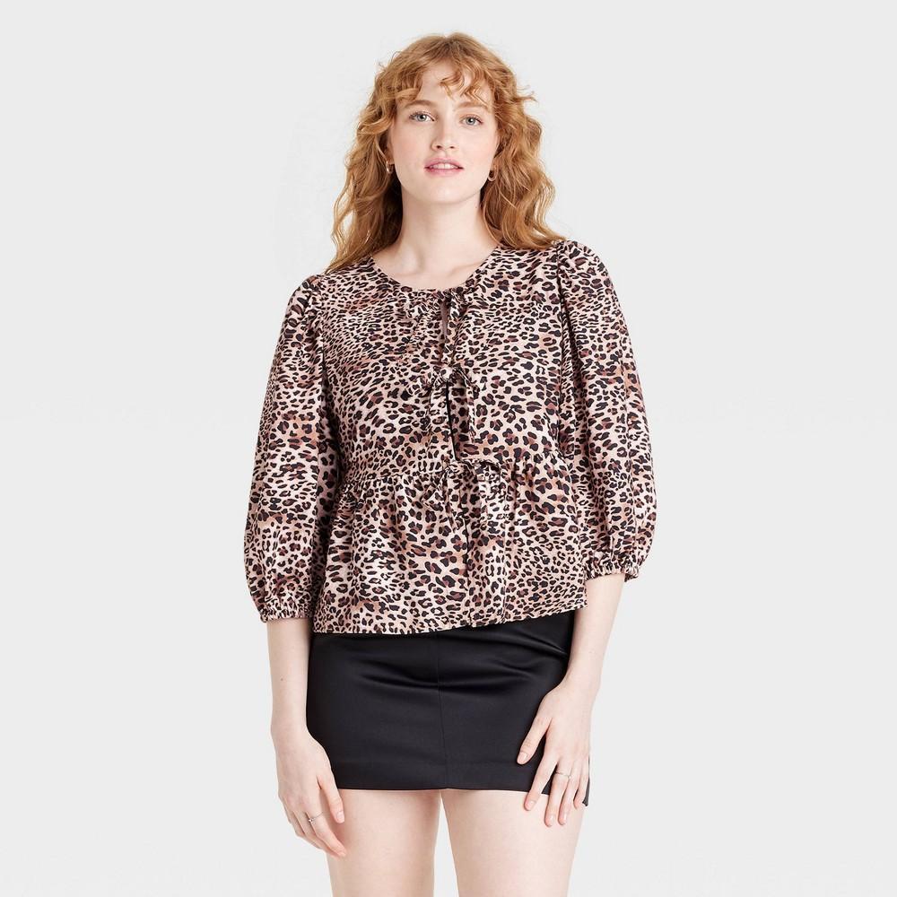 Womens Balloon 3/4 Sleeve Blouse - A New Day Brown Leopard Print product image