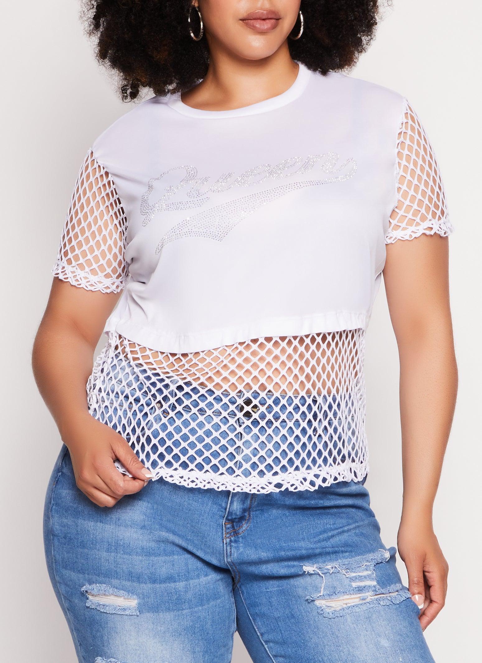 Womens Plus Size Fishnet Queen Rhinestone Graphic Tee Product Image