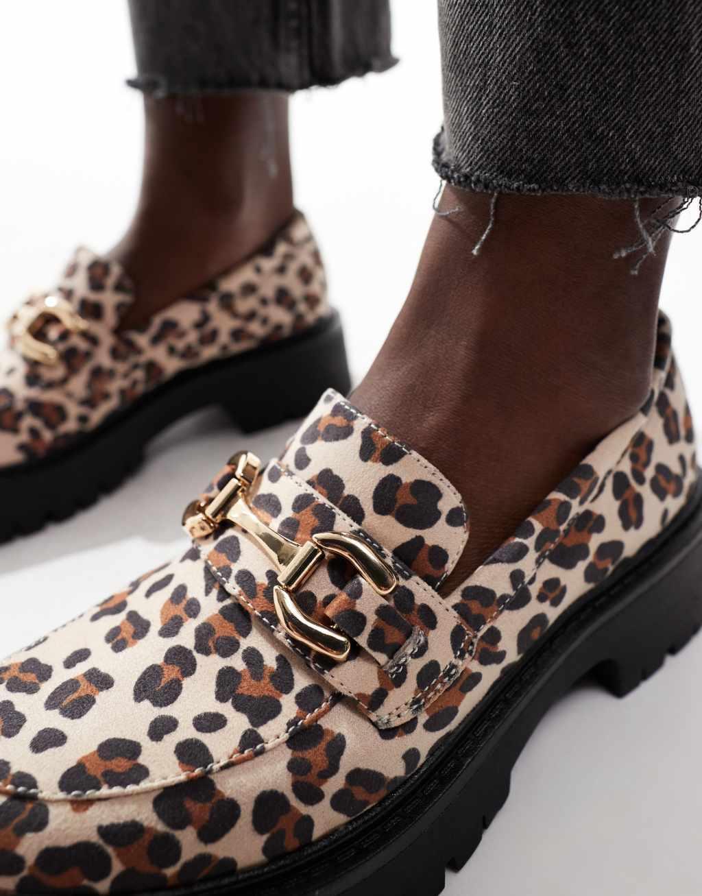 London Rebel Perdy metal trim chunky loafers in leopard Product Image