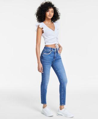 Guess Womens Ruched Ruffle Cap Sleeve Top Rhinestone Trimmed Skinny Ankle Jeans Product Image