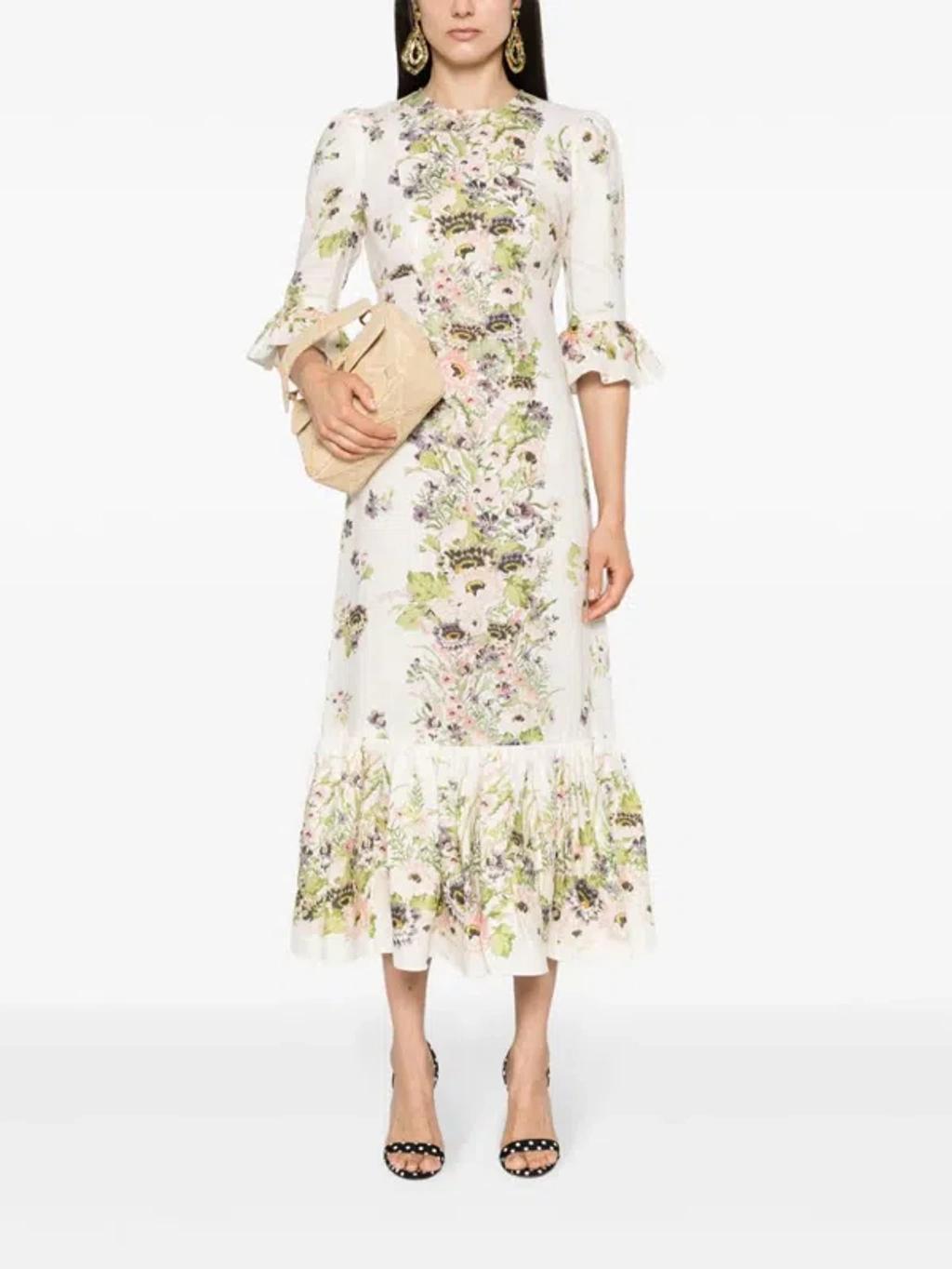 White Floral-print Linen Dress In Neutrals Product Image