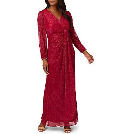 Adrianna Papell Metallic Long Sleeve Surplice V-Neck Ruched Detailed Draped Gown Product Image