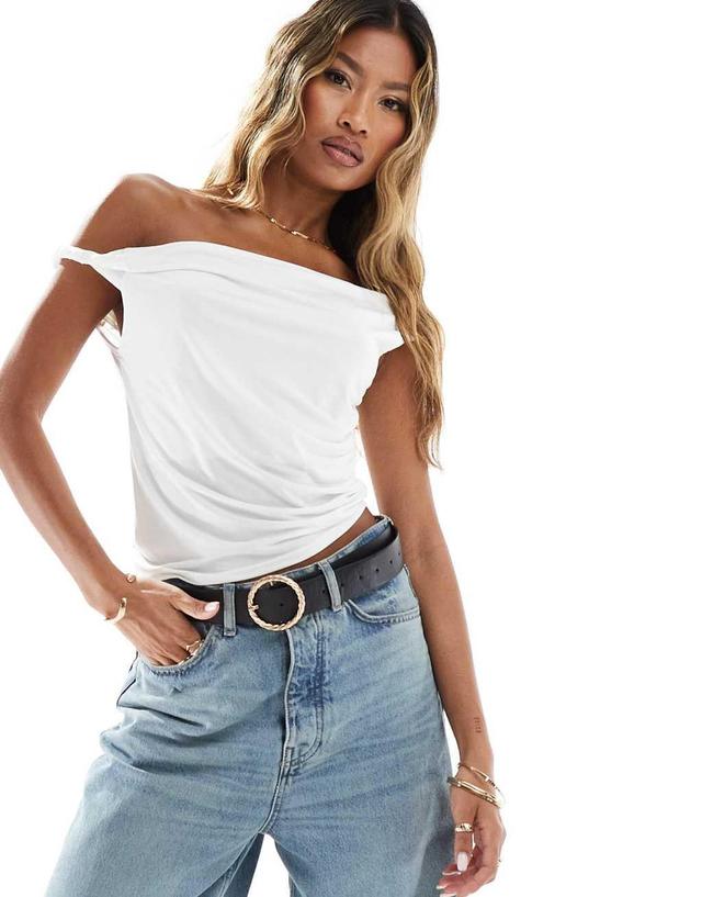 ASOS DESIGN slinky twisted off the shoulder asymmetric top in white Product Image