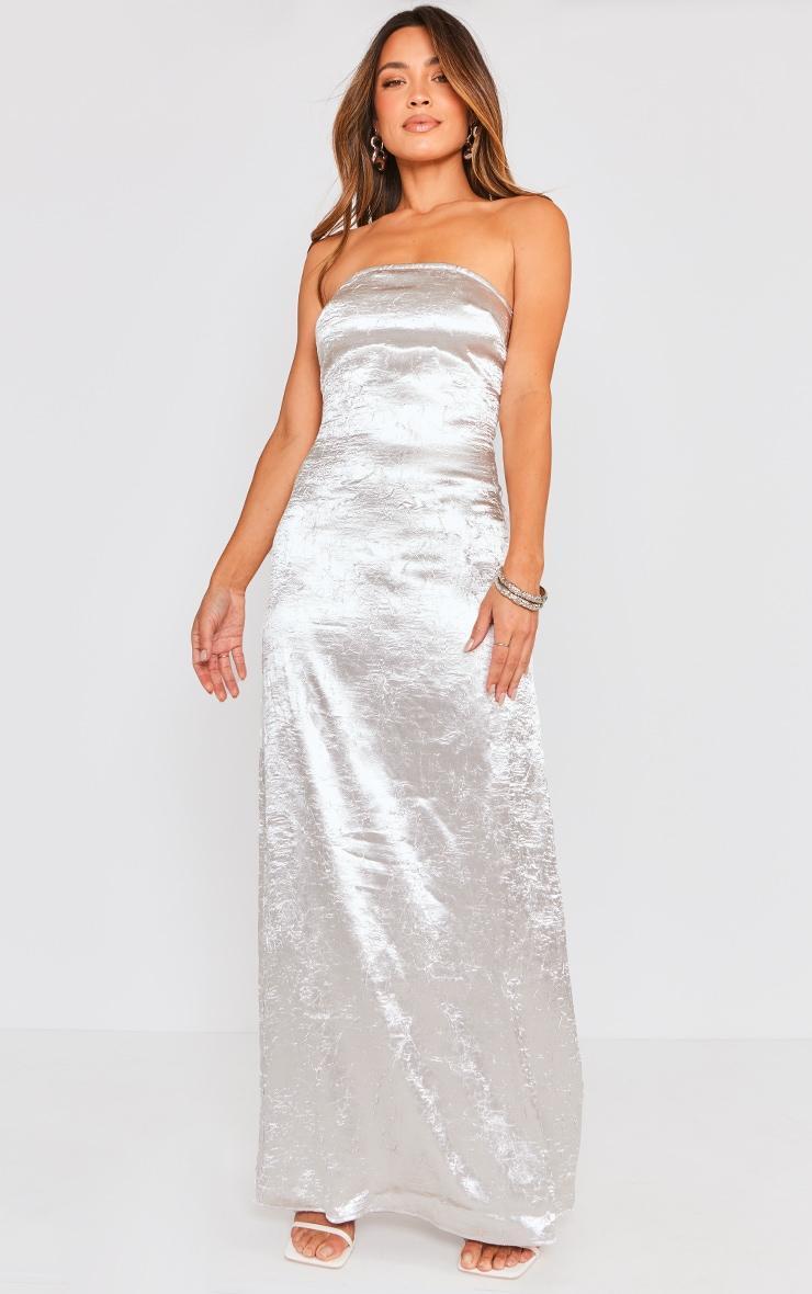 Silver Textured Satin Cowl Bandeau Maxi Dress Product Image