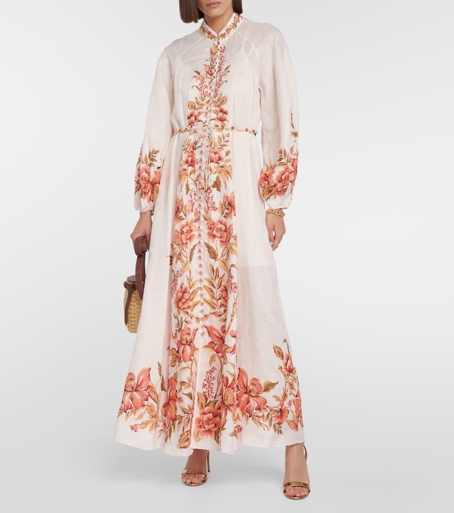 Womens Peach Floral Vacay Floral-print Ballon-sleeve Linen Midi Dress Product Image