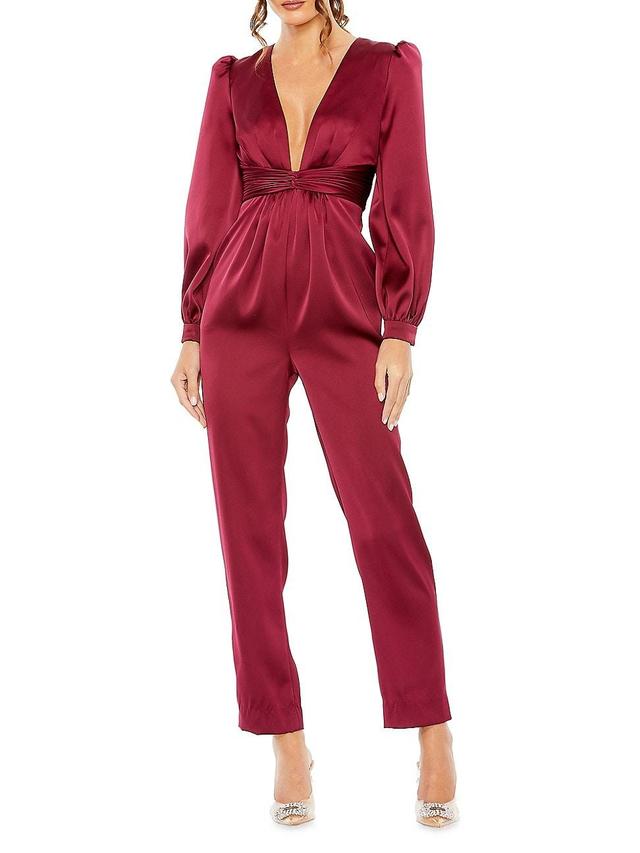 Mac Duggal Plunge Neck Long Sleeve Satin Jumpsuit Product Image