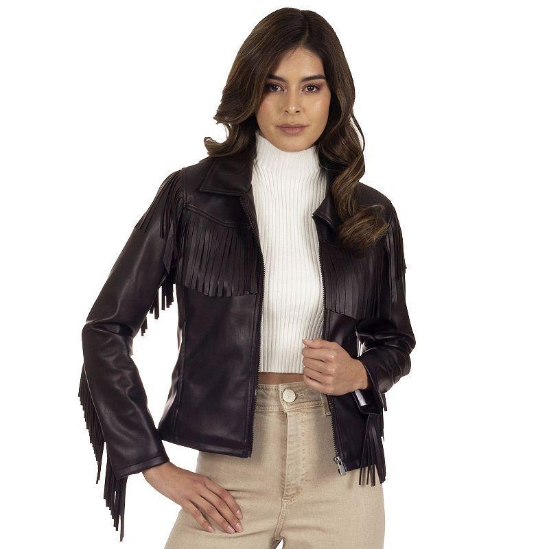 Womens Wrangler Fringed Faux-Leather Jacket Dark Brown Product Image